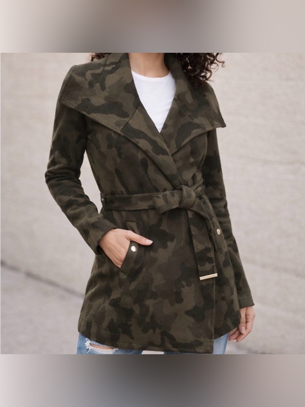 White House Black Market Camo Sweater Jacket with Tie Waist